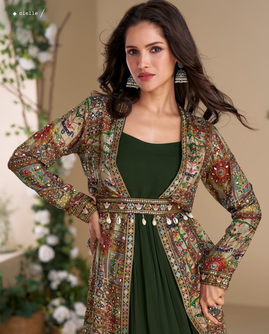 5827 - Designer Green Georgette Anarkali Gown with Multicolor Long Shrug